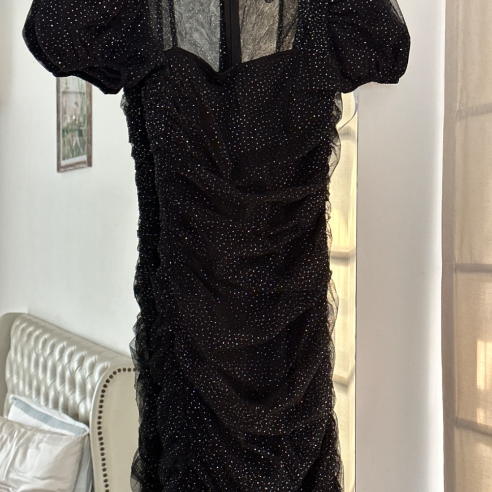 Miss selfridge, black, ruched, glitter dress with puff sleeve, UK6, with tags - Picture 4 of 6